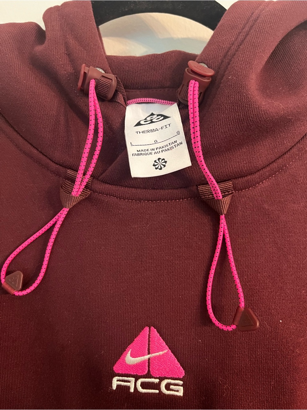 Nike ACG Distressed Burgundy Hoodie with Pink Accents